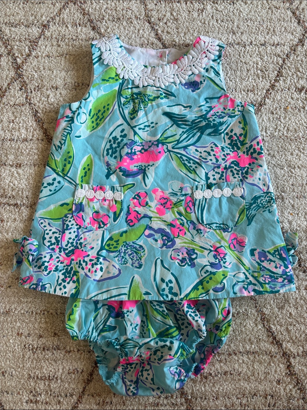 Lily Pulitzer -Baby Floral Dress & Bloomer Set in Aqua with Pink & Green Accents